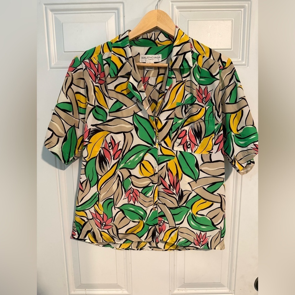 Balenciaga Women's Green and Yellow Floral Button Down Shirt